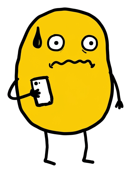 Yellow dude sweating while staring at his phone